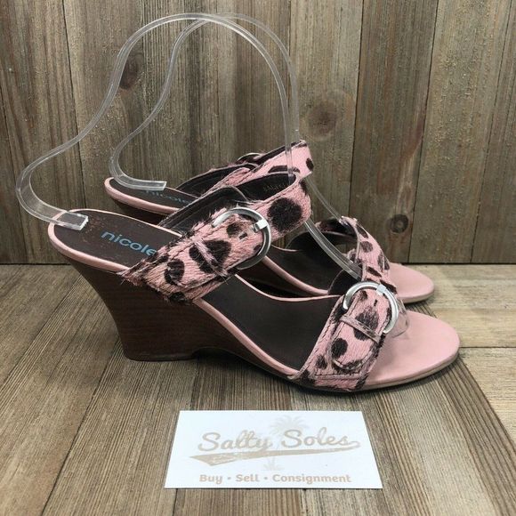 Nicole Shoes - Nicole Saluki Pink/Brown Faux Fur Animal Print Wedge Sandals Womens Size 6.5